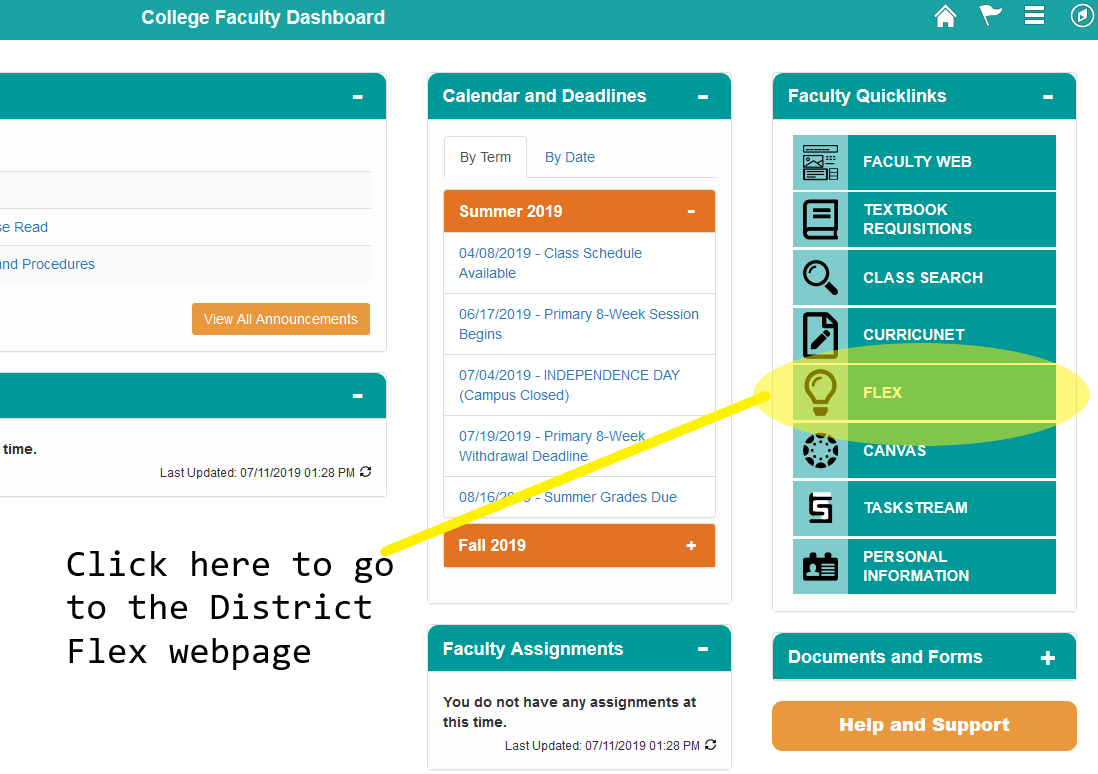 Screenshot of the Faculty Dashboard in Campus Solutions with the Flex link highlighted 