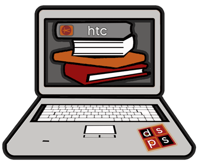 Graphic of grey laptop with a stack of books on screen 